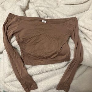Off the shoulder light brown top